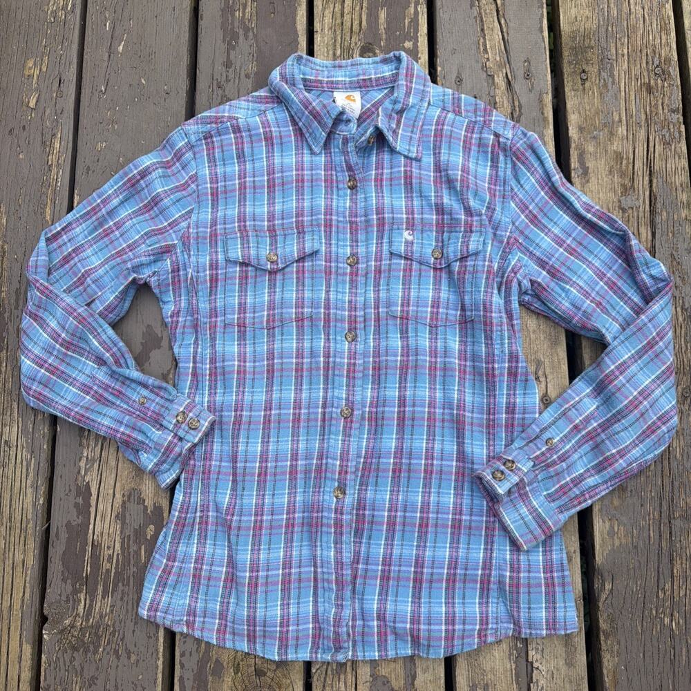 Y2K Carhartt For Women Sz M Plaid Flannel Shirt Blue Pink Western Ranch Workwear